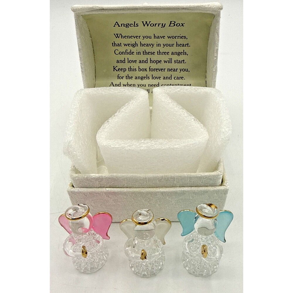 Worry Angels Glass Hand Spun Pink Blue White W/Gold Trim Set Of 3 W/Box 2”